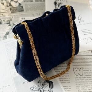 Vintage 80s Andé Navy Blue Suede Kiss Lock Evening Bag Gold Chain Clutch